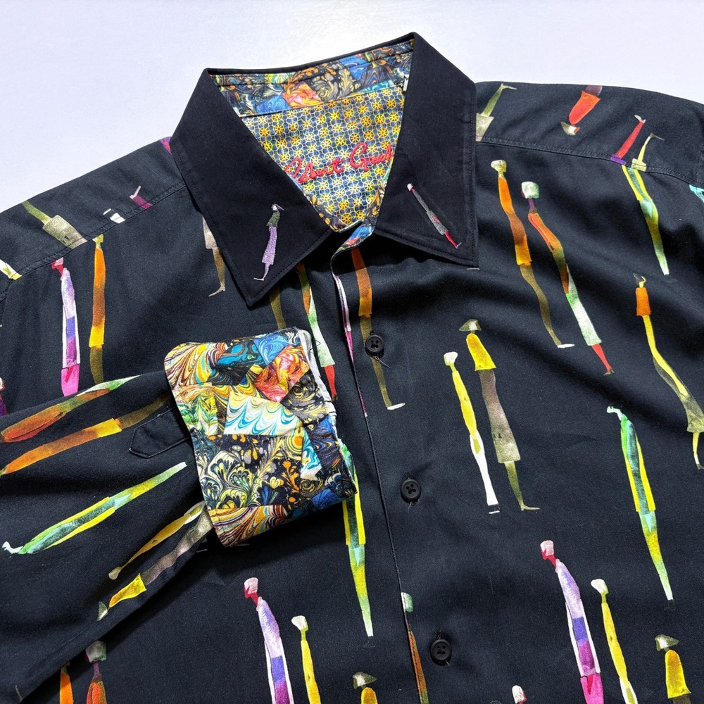 Robert Graham Shirt Button Up Embroidered Art Abstract Flip Cuff LS Mens XL